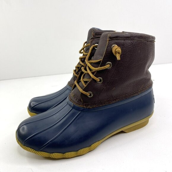 Sperry Boots Womens Size 7 Saltwater Duck Rain Leather Rubber Brown Navy - Picture 3 of 7